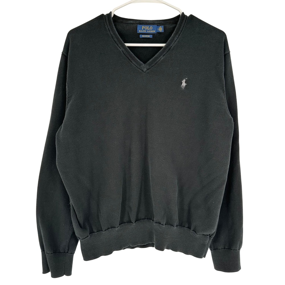 Polo Ralph Lauren Mens Black Pima Cotton V-Neck Sweater Large Pony Logo L